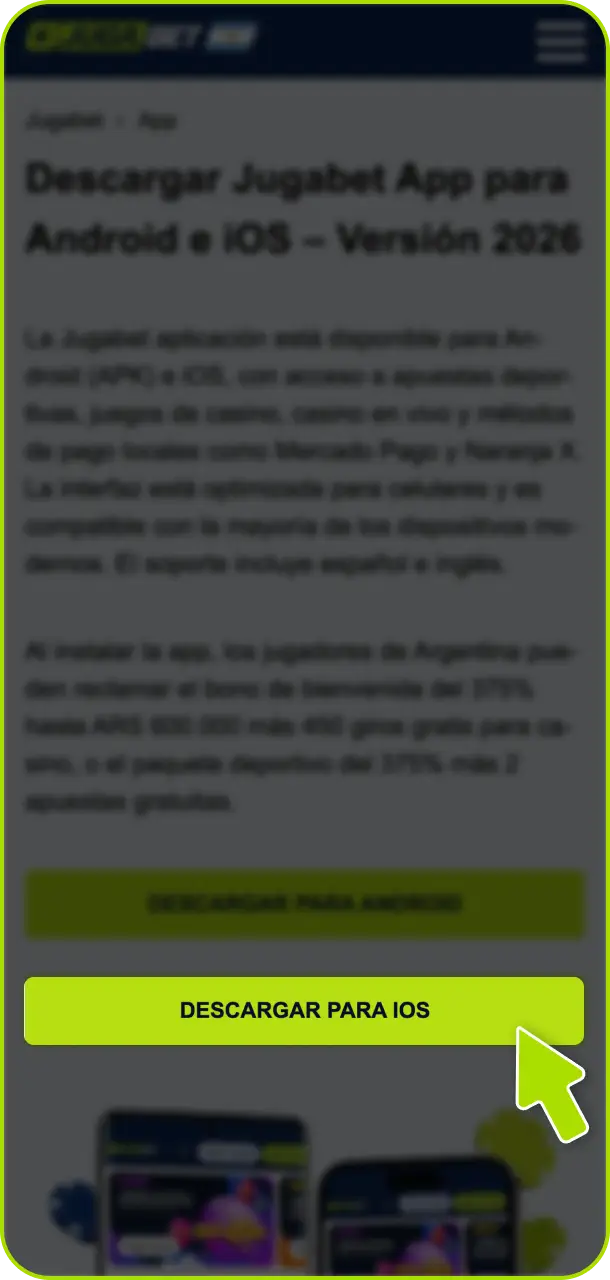 Iniciá la instalación de la app desde esta página oficial para tu dispositivo en Jugabet Argentina.