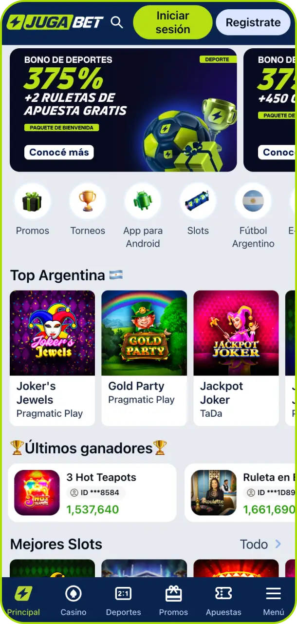 Descubre la interfaz principal en la app de Jugabet Argentina para acceder rápido a tus secciones favoritas.
