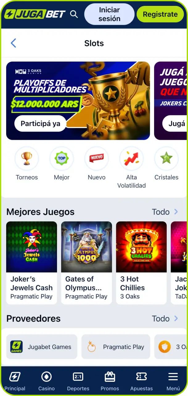 Explora la interfaz de slots en la app de Jugabet Argentina y diviértete con una amplia selección de tragamonedas.