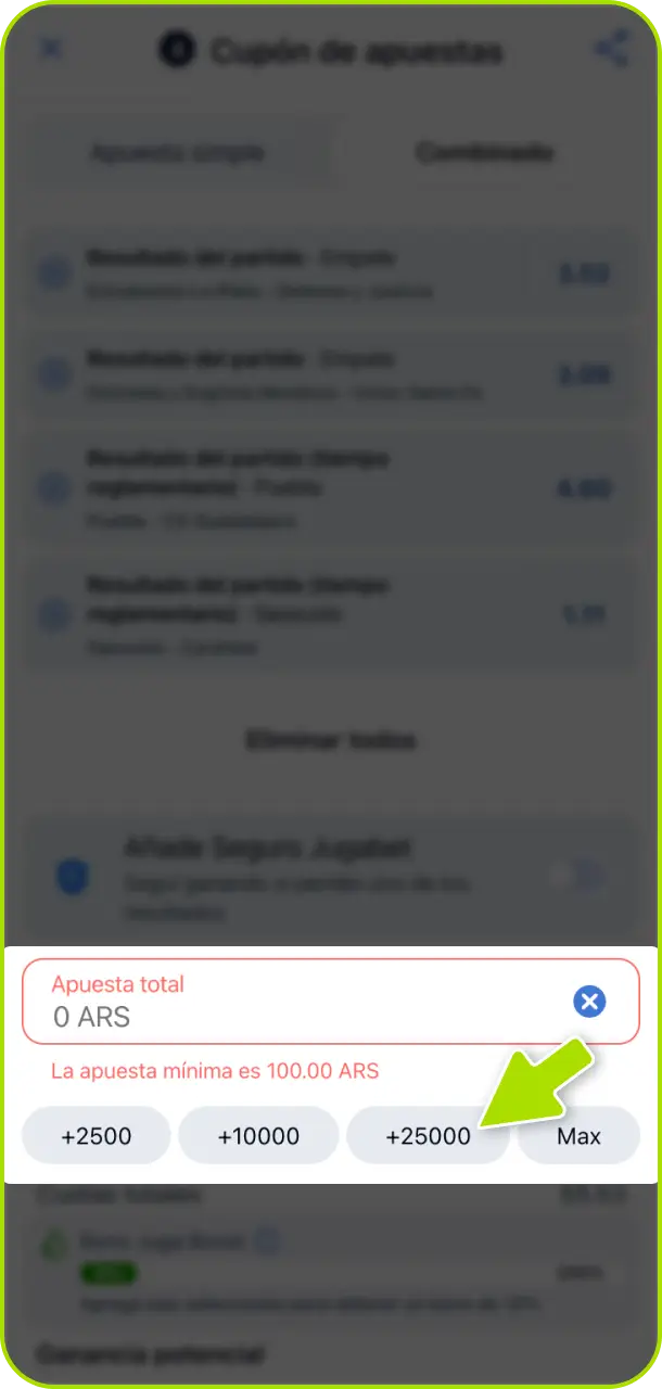 Ingresá el monto de la apuesta que deseas arriesgar en Jugabet Argentina.