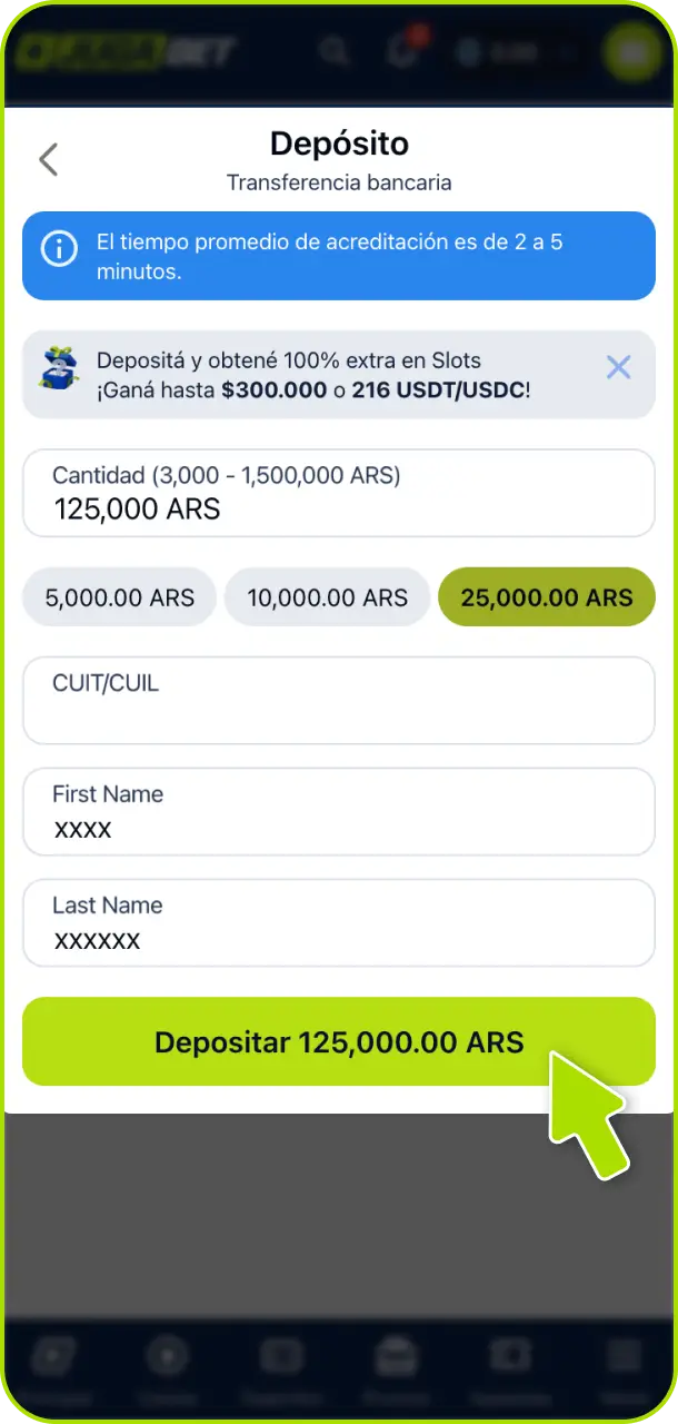 Realizá tu primer depósito seguro para acreditar saldo en Jugabet Argentina.